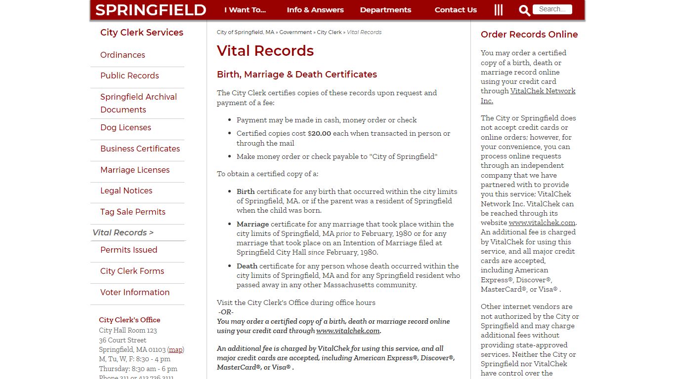 Vital Records: City of Springfield, MA