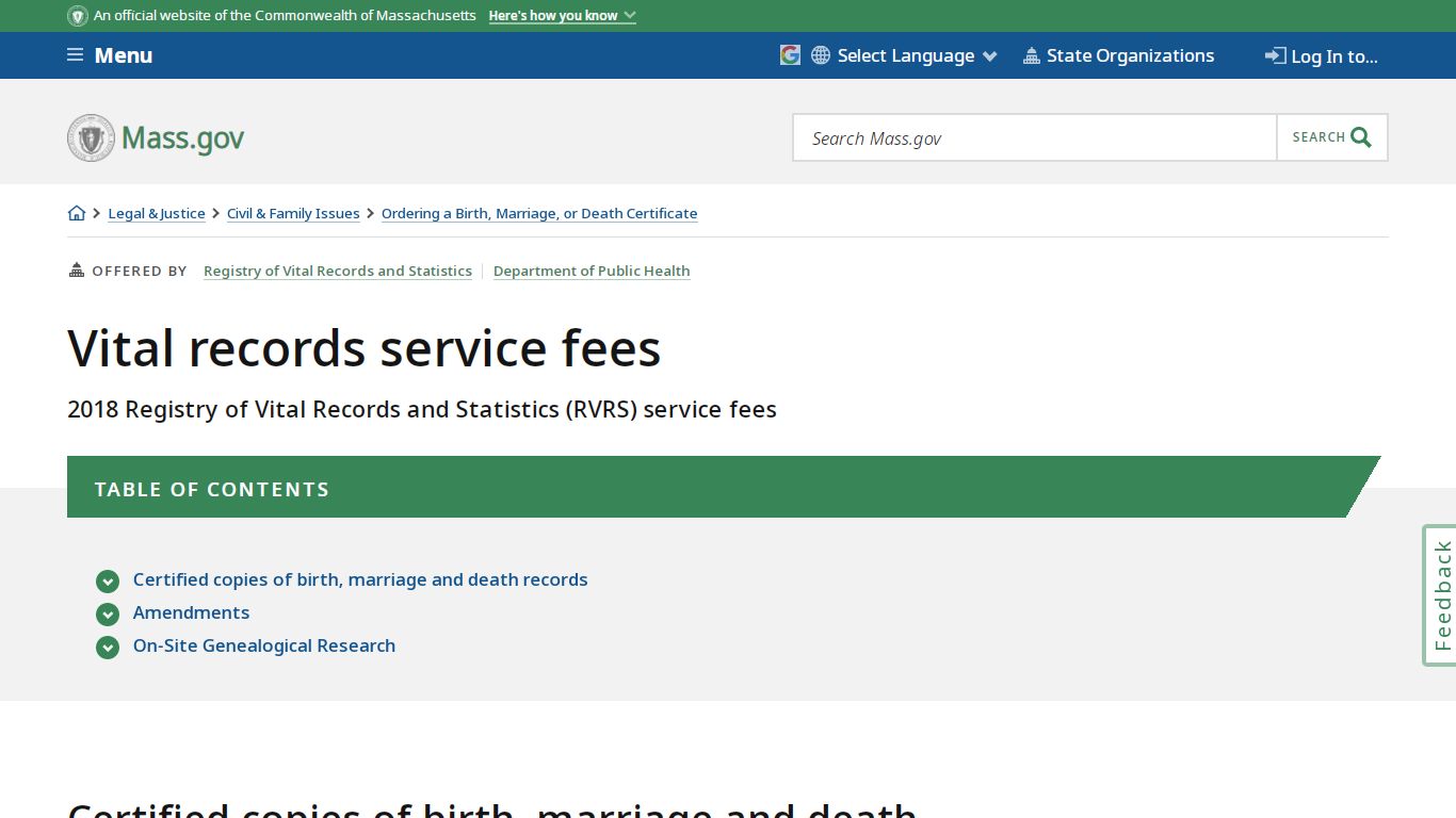 Vital records service fees | Mass.gov